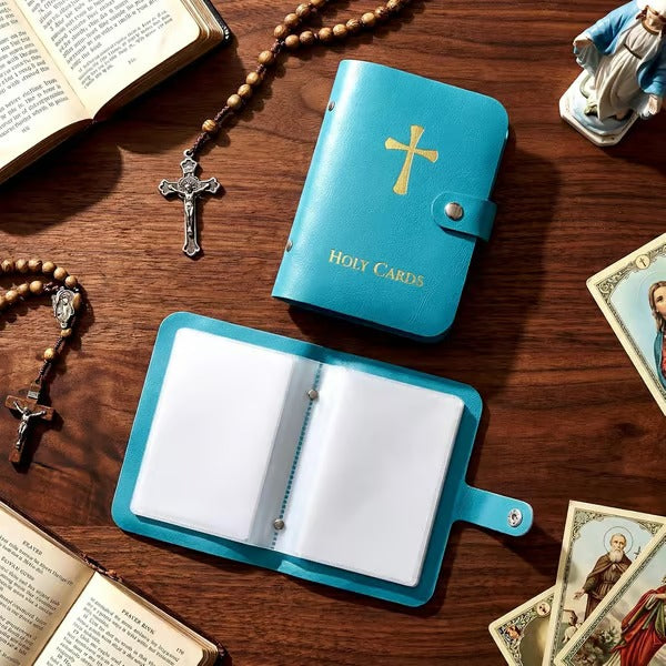 ✝️ Catholic Genuine Leather Holy Card Holder – Pocket Prayer Card Organizer with Snap Closure