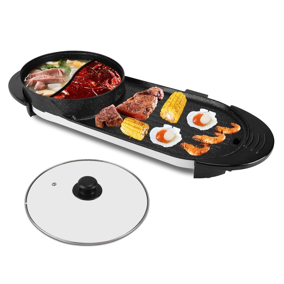 2 in 1 Electric Hot Pot with BBQ Grill Cooker 2200W Smokeless Non-Stick Korean BBQ Grill Shabu Hot Pot with Independent Temperature Control 5 Ge